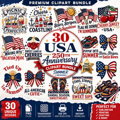 USA 250th Anniversary Clipart PNG Bundle Patriotic Designs, Digital Download