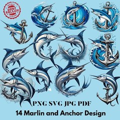 Powerful Marlin & Anchor Digital Art Bundle Ocean Inspired Cartoon Illustrations