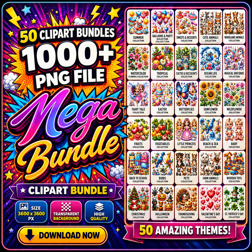 50 Mega Clipart Bundle PNG 1000+ Files, Watercolor Sublimation, Digital Download