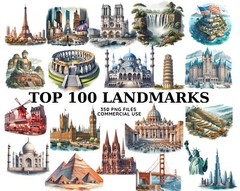 Watercolor Landmarks Clipart, Eiffel Tower Png, Taj Mahal, Statue of Liberty