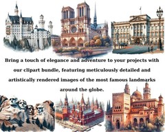 Watercolor Landmarks Clipart, Eiffel Tower Png, Taj Mahal, Statue of Liberty