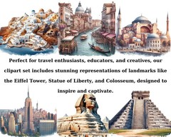 Watercolor Landmarks Clipart, Eiffel Tower Png, Taj Mahal, Statue of Liberty