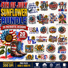4th Of July Sunflower Bundle PNG Sublimation Designs Digital Download