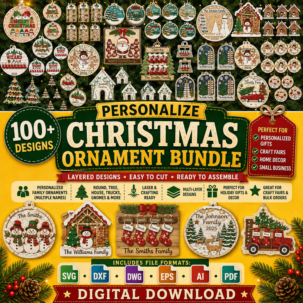 Personalized Christmas Ornaments SVG Bundle, 100+ Laser Cut Files, Digital Pack