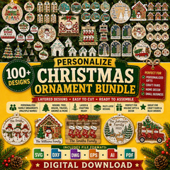 Personalized Christmas Ornaments SVG Bundle, 100+ Laser Cut Files, Digital Pack