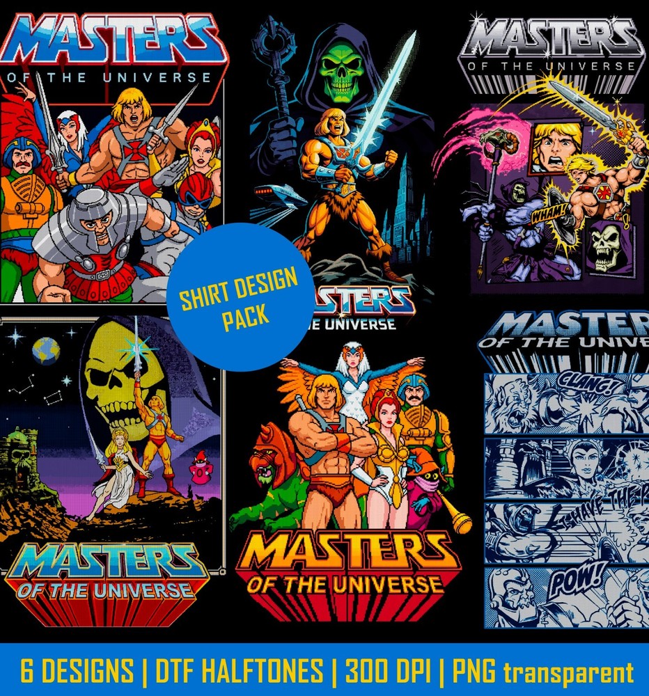 T-shirt Design Bundle | 6 Vintage 80s Designs | Halftones | 300 DPI PNG | MOTU