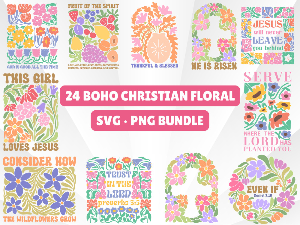 24 Boho Christian Floral SVG PNG Bundle Abstract Faith Clipart Cricut Sublimatio