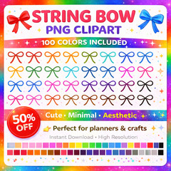 String Bow PNG Clipart, 100 Rainbow Colors, Planner Stickers , Digital Download