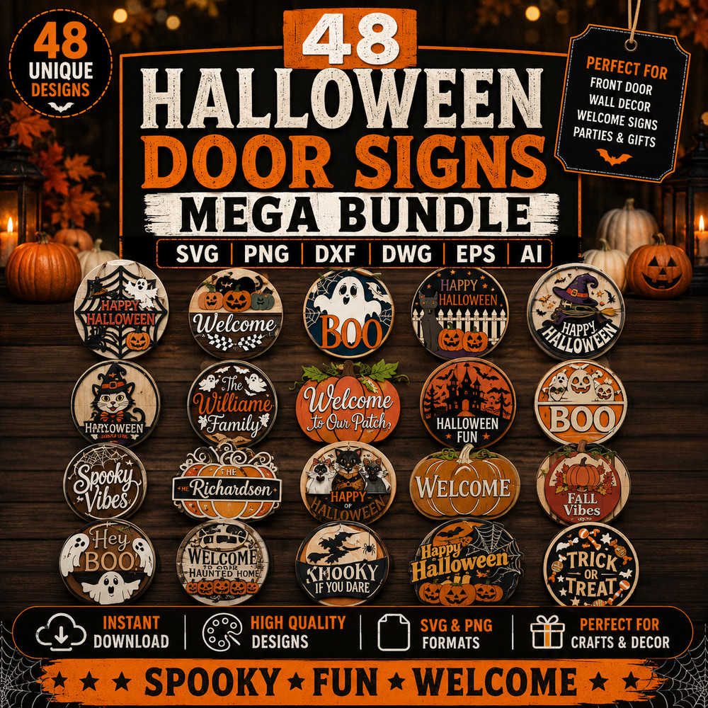48 Halloween Door Sign SVG Bundle Laser Cut PNG DXF Glowforge Cricut Files