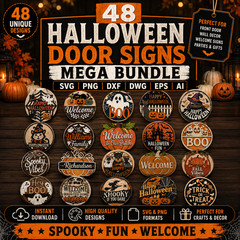 48 Halloween Door Sign SVG Bundle Laser Cut PNG DXF Glowforge Cricut Files
