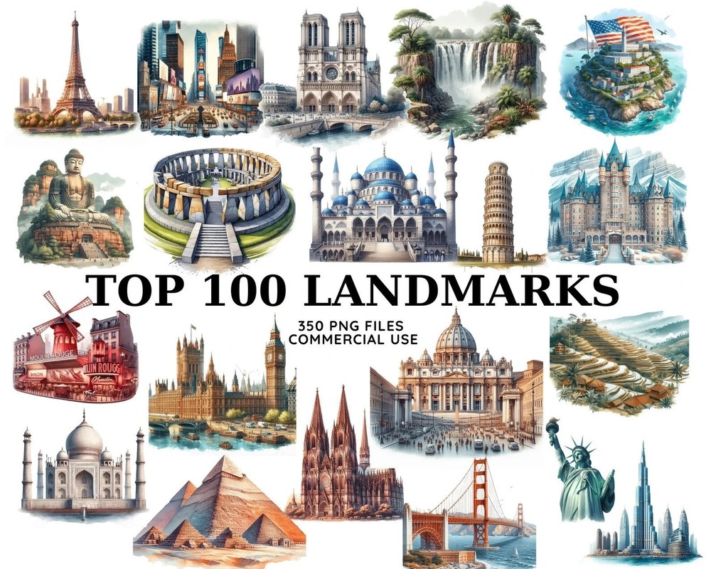 Watercolor Landmarks Clipart, Eiffel Tower Png, Taj Mahal, Statue of Liberty