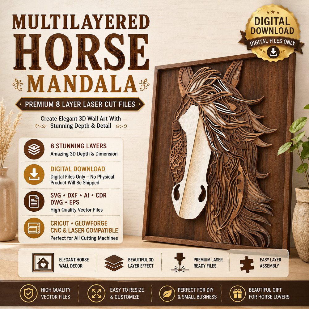 3D Layered Horse Mandala SVG Laser Cut File, Digital Download