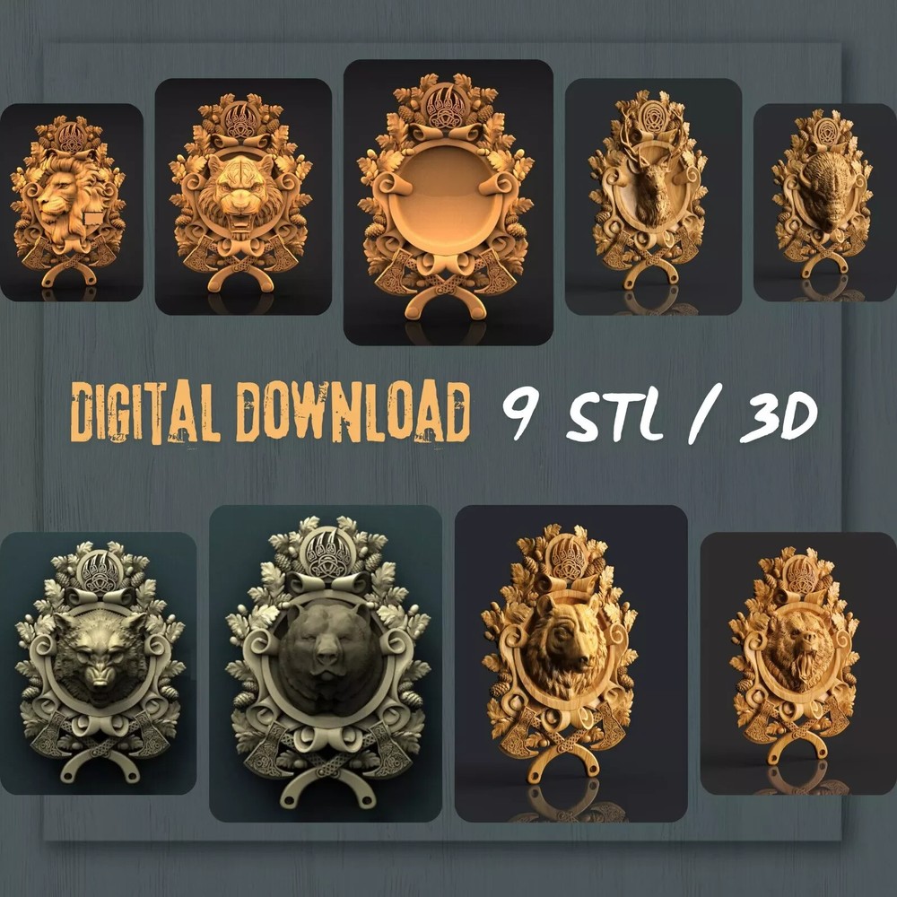 9 Different Wild Animal 3D STL models for CNC Router/Engraving for Home Décor