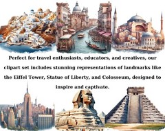 Watercolor Landmarks Clipart, Eiffel Tower Png, Taj Mahal, Statue of Liberty