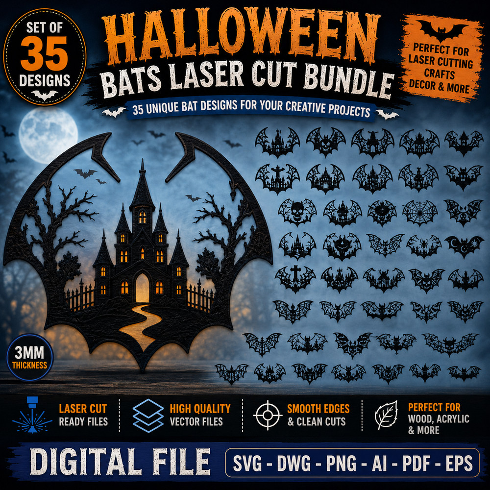 35 Halloween Bat SVG Bundle Laser Cut Glowforge CNC DXF, Digital Download