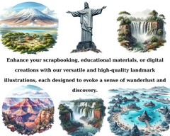 Watercolor Landmarks Clipart, Eiffel Tower Png, Taj Mahal, Statue of Liberty