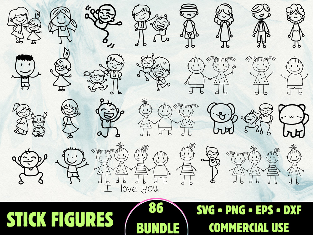 86 Stick Figures SVG Bundle Cute Stick Family PNG Man Decal Vector Cricut Files