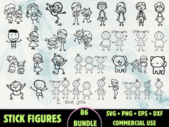 86 Stick Figures SVG Bundle Cute Stick Family PNG Man Decal Vector Cricut Files
