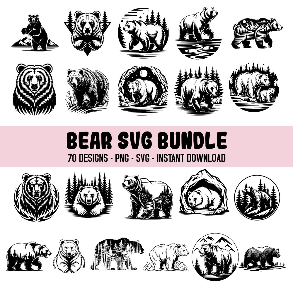 Bear SVG bundle, Grizzly Bear png Bundle, Mountain bear silhouette svg, Cricut