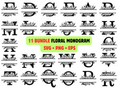 11 Floral Monogram SVG Bundle Alphabet PNG Botanical Split Letter Wedding Cricut