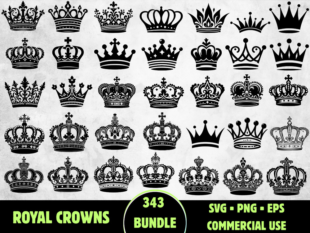 343 Royal Crown SVG Bundle King Queen PNG Tiara Silhouette Princess Cricut Vecto