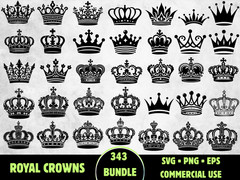 343 Royal Crown SVG Bundle King Queen PNG Tiara Silhouette Princess Cricut Vecto