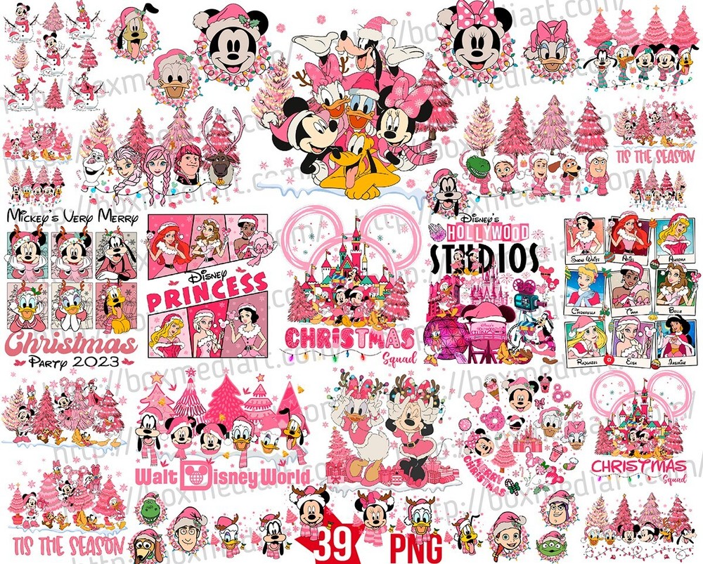 Bundle Pink Mouse Christmas Png, Pink Merry Christmas Tree Png