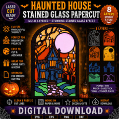 Haunted House Stained Glass Papercut SVG Layered Halloween Laser Cut File PNG