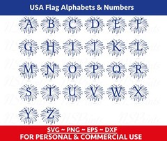 Fireworks FONT Svg, Usa Flag Alphabets and numbers svg, Patriotic Svg, 4th july