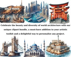 Watercolor Landmarks Clipart, Eiffel Tower Png, Taj Mahal, Statue of Liberty