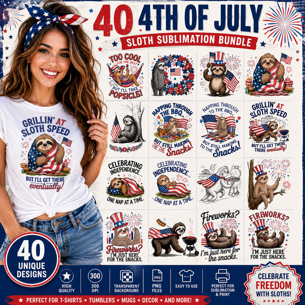 Sloth 4th of July PNG Bundle Patriotic Sublimation Designs, Digital Download