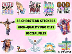 36 Christian Stickers PNG Bundle Bible Verse Faith Decals Jesus Sublimation Craf