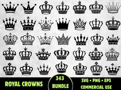 343 Royal Crown SVG Bundle King Queen PNG Tiara Silhouette Princess Cricut Vecto