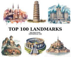Watercolor Landmarks Clipart, Eiffel Tower Png, Taj Mahal, Statue of Liberty