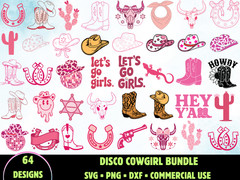 64 Disco Cowgirl SVG Bundle Boots PNG Lets Go Girls Hat Dxf Bachelorette Cricut