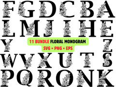 11 Floral Monogram SVG Bundle Alphabet PNG Botanical Split Letter Wedding Cricut