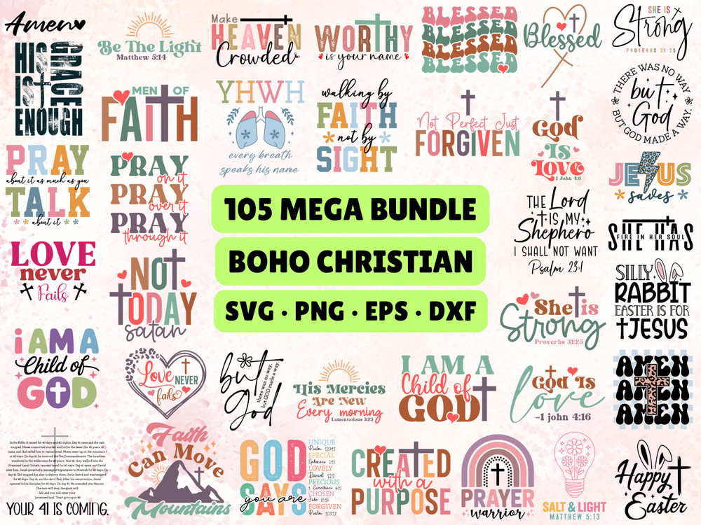 105 Boho Christian SVG Bundle Bible Verse PNG Botanical Faith Scripture Cricut
