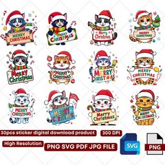 30 Merry Christmas Cat Digital Art Designs Cute Festive Cat Instant Download