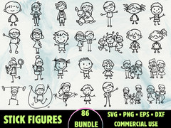 86 Stick Figures SVG Bundle Cute Stick Family PNG Man Decal Vector Cricut Files