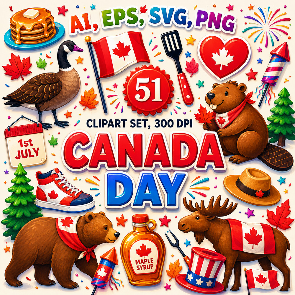 Canada Day Clipart Bundle PNG, 51 Canada Day Elements, Digital Download