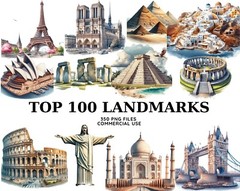 Watercolor Landmarks Clipart, Eiffel Tower Png, Taj Mahal, Statue of Liberty