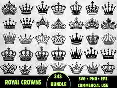 343 Royal Crown SVG Bundle King Queen PNG Tiara Silhouette Princess Cricut Vecto