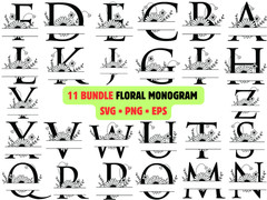 11 Floral Monogram SVG Bundle Alphabet PNG Botanical Split Letter Wedding Cricut