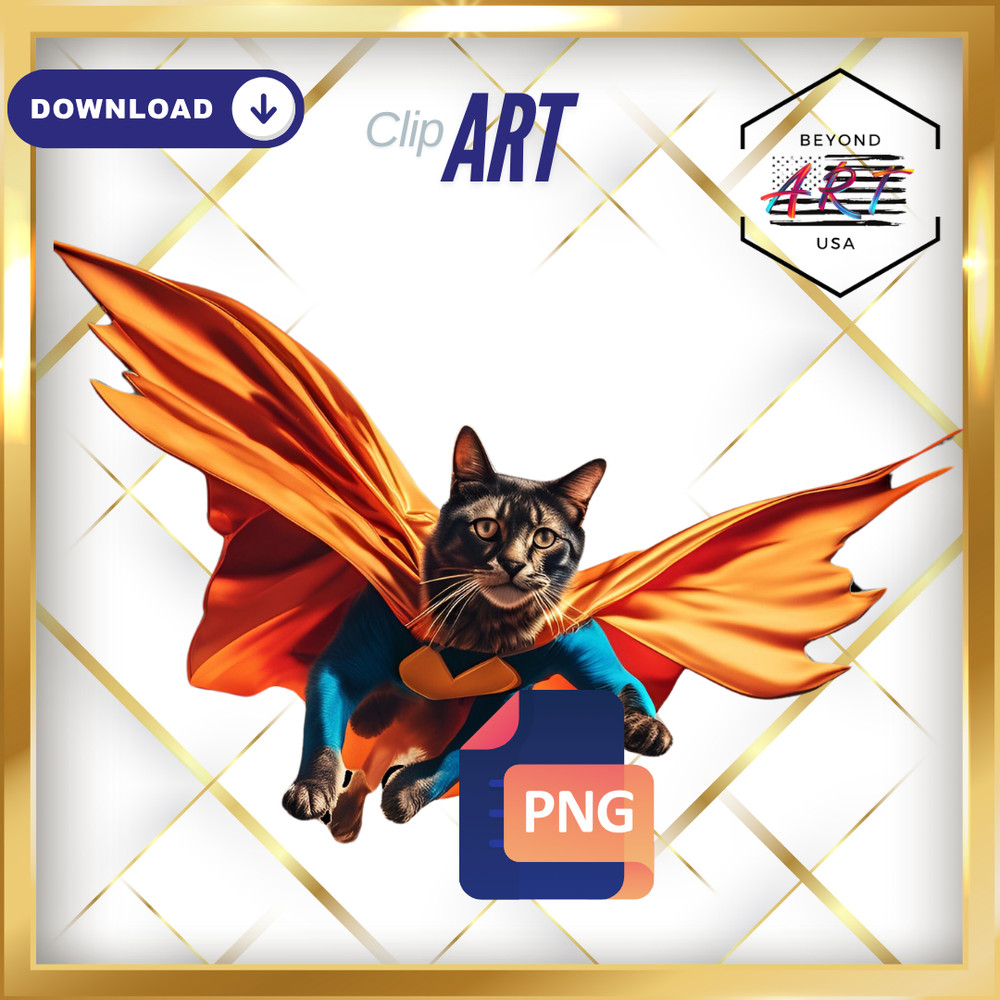 HD Real Life Flying Cat in Red + Blue Heart Cape – Digital Download Clip Art #6