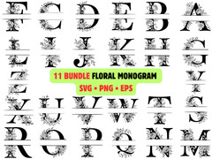 11 Floral Monogram SVG Bundle Alphabet PNG Botanical Split Letter Wedding Cricut