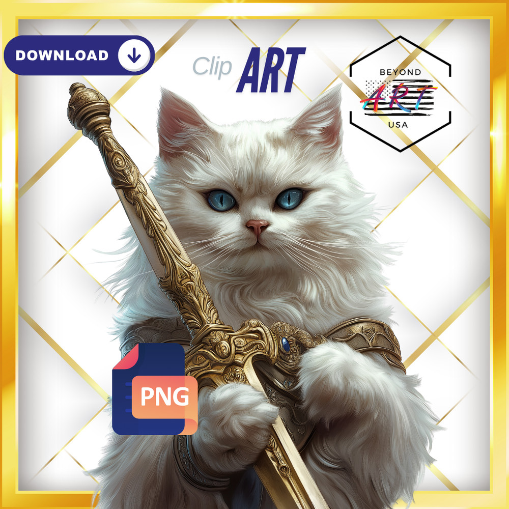 White Blue-Eyed Cat with Gold Sword and Amor – Digital Download Clip Art #24