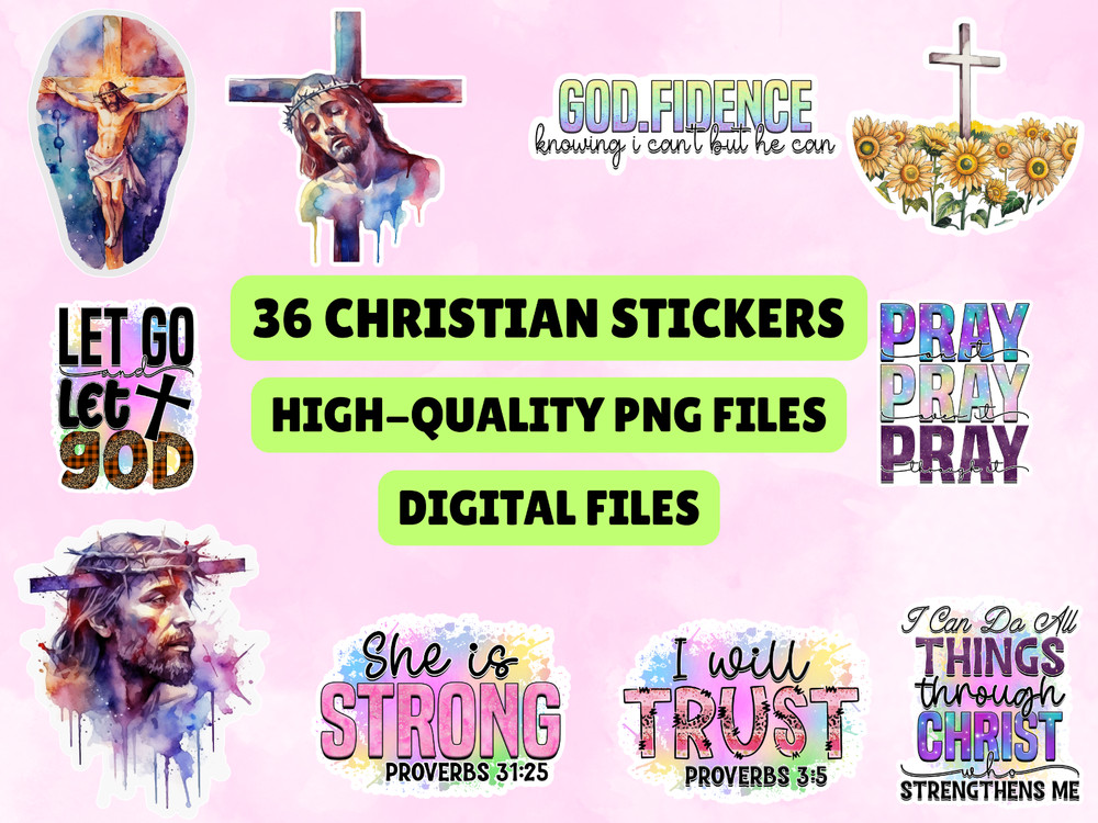 36 Christian Stickers PNG Bundle Bible Verse Faith Decals Jesus Sublimation Craf