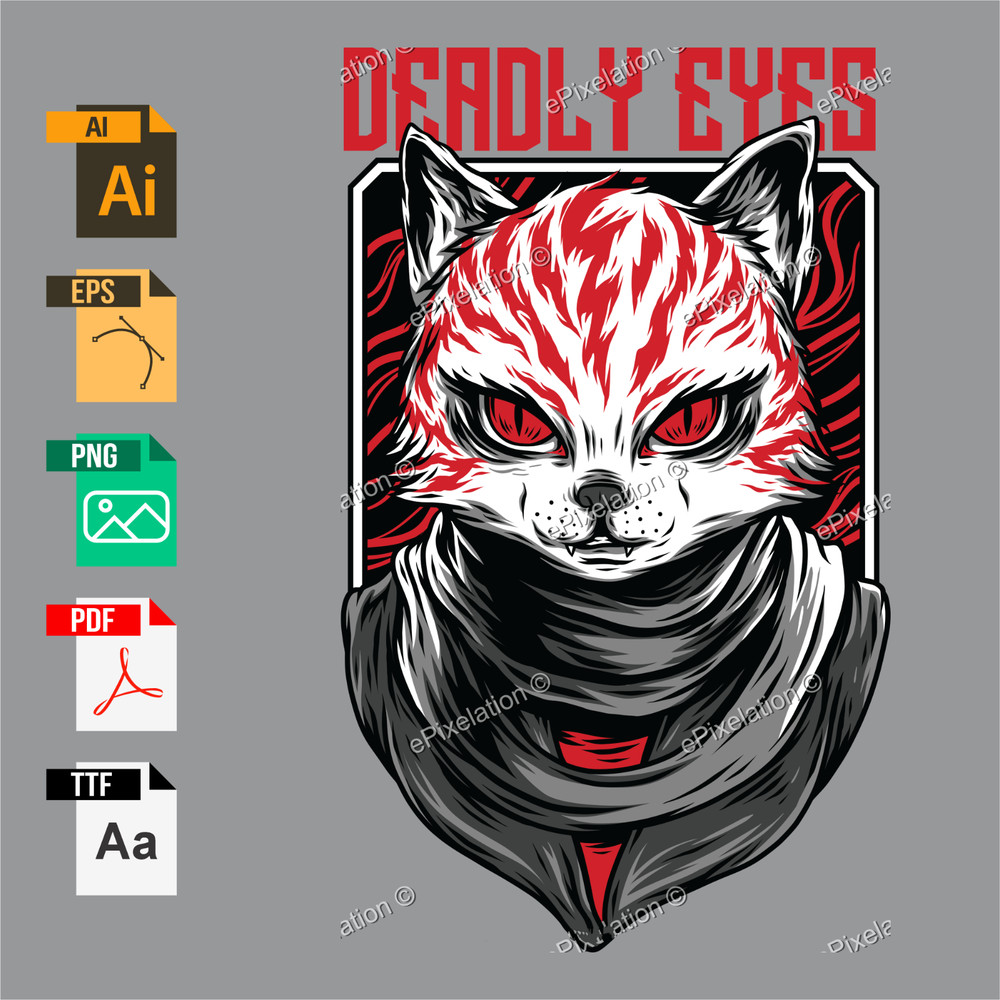 Deadly Eyes Cat T-Shirt Vector Design Premium Editable Artwork + Fonts Included