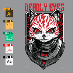 Deadly Eyes Cat T-Shirt Vector Design Premium Editable Artwork + Fonts Included