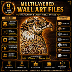 9 Layer Eagle Mandala SVG Laser Cut File | CNC DXF Wall Art Bundle
